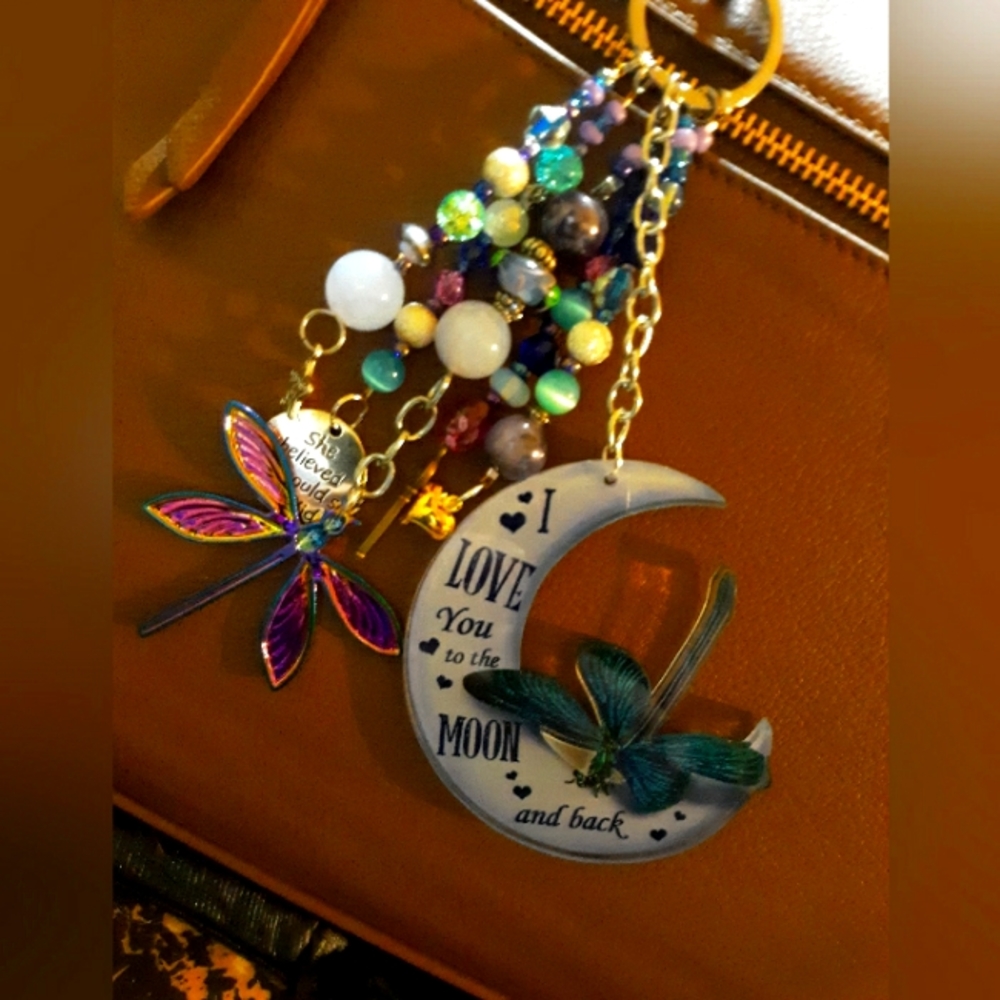 Hand crafted beaded dragonfly/ love you to the moon and back purse charm